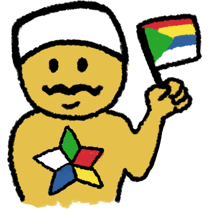 a yellow emoji man from the torso up holding a druze flag (green triangle with red, yellow, blue, and white stripes). he has a black moustache and a white cap, and the druze star (in the same colors as the flag) on his chest.
